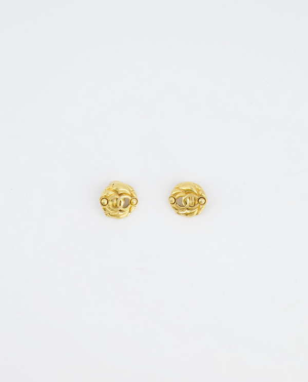 Chanel Vintage Yellow Gold Cut-Out Small Round Clip-On Earrings with CC Logo