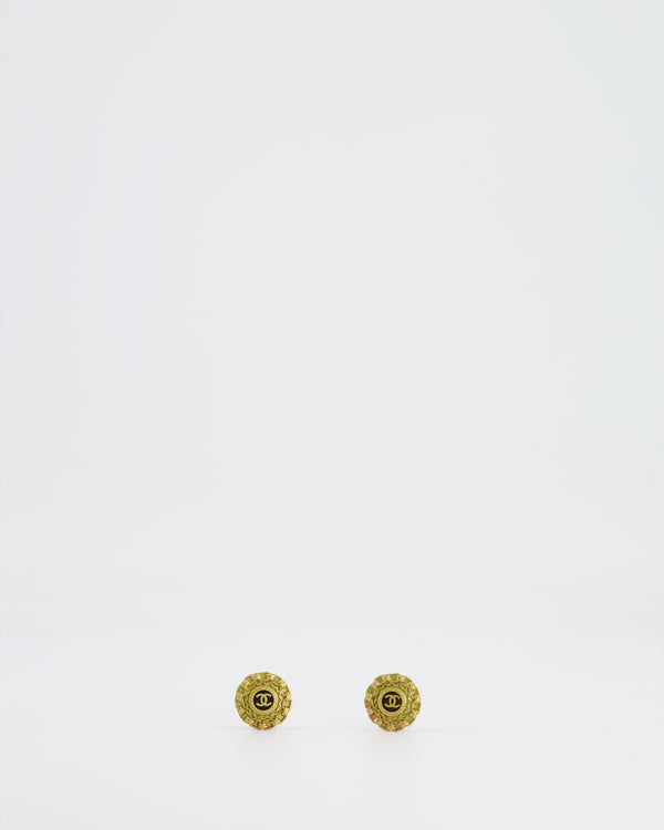 Chanel Vintage Yellow Gold and Black CC Logo Round Clip-On Earrings