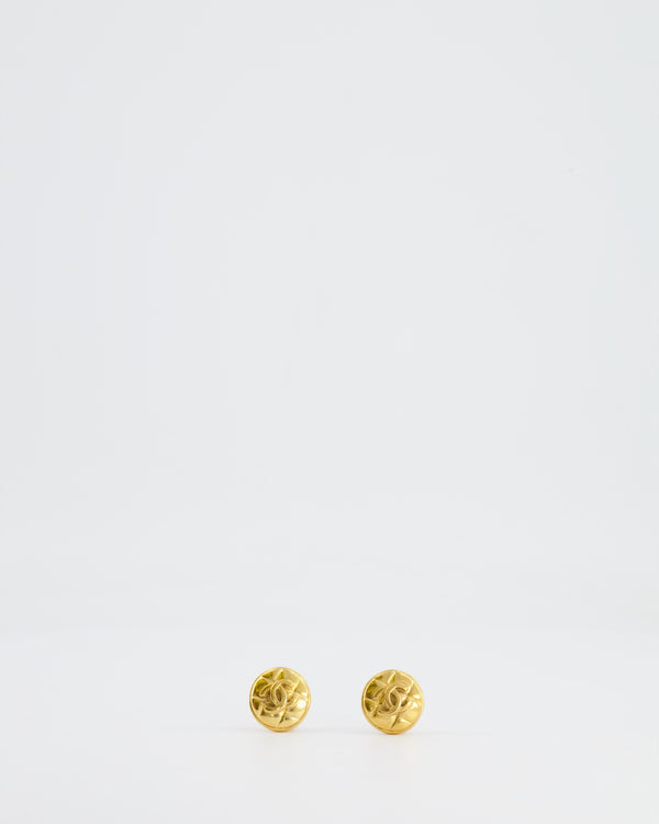 Chanel Vintage Yellow Gold Quilted CC Logo Round Clip-On Earrings