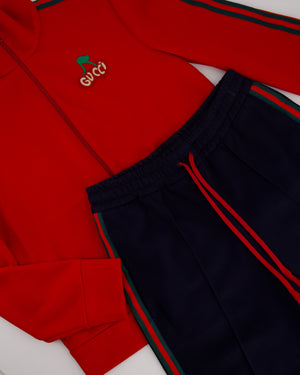 Gucci Red 
Navy Blue Tracksuit with Side Stripe Trim and Cherry Embroidered Logo Detail Size XS (UK 6)