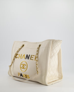 *HOT* Chanel White Small Deauville Tote Bag in Aged Calfskin Leather with Antique Gold Hardware and Pearl, Crystal Logo Detail