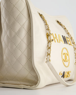 *HOT* Chanel White Small Deauville Tote Bag in Aged Calfskin Leather with Antique Gold Hardware and Pearl, Crystal Logo Detail