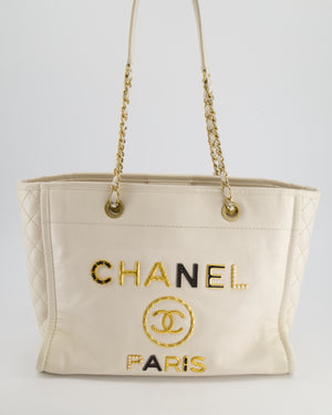 *HOT* Chanel White Small Deauville Tote Bag in Aged Calfskin Leather with Antique Gold Hardware and Pearl, Crystal Logo Detail