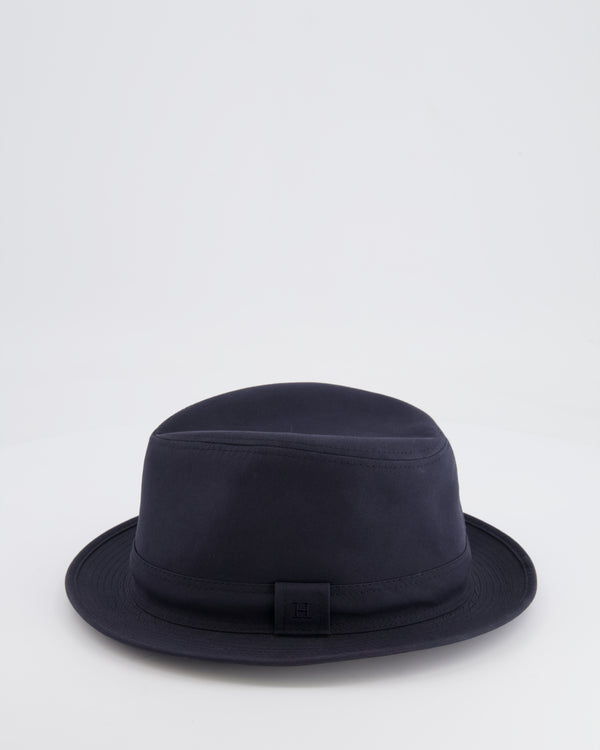 Hermes Navy Fedora Hat with Logo Detail Size 57