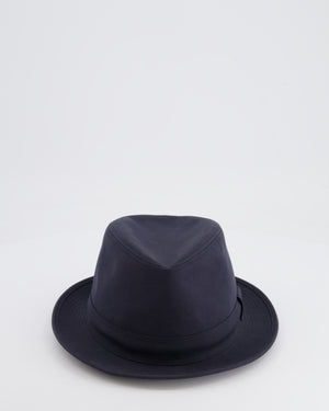 Hermes Navy Fedora Hat with Logo Detail Size 57