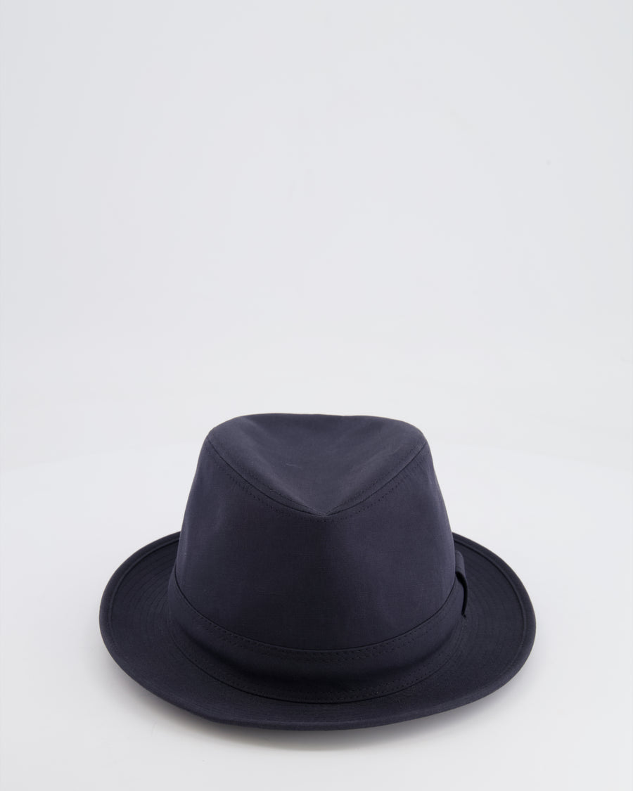 Hermes Navy Fedora Hat with Logo Detail Size 57