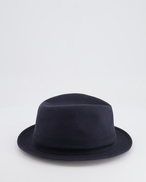 Hermes Navy Fedora Hat with Logo Detail Size 57