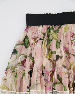 Dolce 
Gabbana Pink Multicolour Floral Printed Mini Ruffle Skirt with Lace Detail Size IT 38 (UK 6)