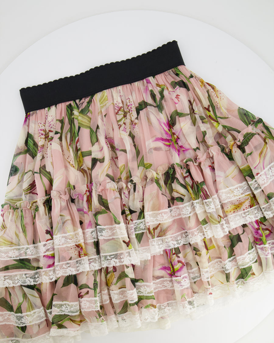 Dolce 
Gabbana Pink Multicolour Floral Printed Mini Ruffle Skirt with Lace Detail Size IT 38 (UK 6)