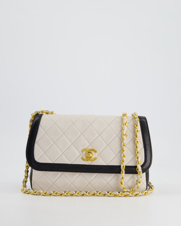 Chanel Vintage White, Black Trim Matelasse Cross-Body Bag in Lambskin Leather with 24K Gold Hardware