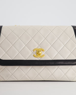 Chanel Vintage White, Black Trim Matelasse Cross-Body Bag in Lambskin Leather with 24K Gold Hardware