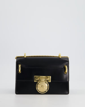 Balmain Black Ring Box 20 Flap Bag in Box Calfskin Leather with Gold Hardware and Medallion Closure Detail