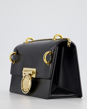 Balmain Black Ring Box 20 Flap Bag in Box Calfskin Leather with Gold Hardware and Medallion Closure Detail