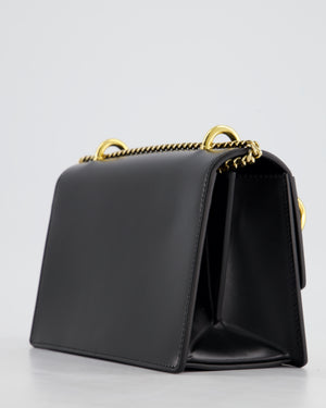 Balmain Black Ring Box 20 Flap Bag in Box Calfskin Leather with Gold Hardware and Medallion Closure Detail