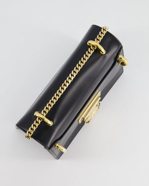 Balmain Black Ring Box 20 Flap Bag in Box Calfskin Leather with Gold Hardware and Medallion Closure Detail