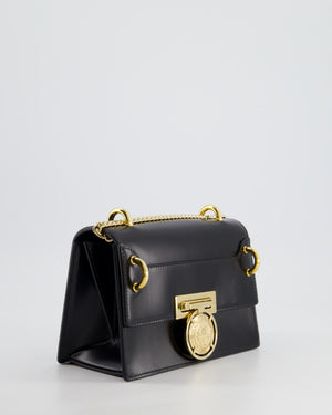 Balmain Black Ring Box 20 Flap Bag in Box Calfskin Leather with Gold Hardware and Medallion Closure Detail