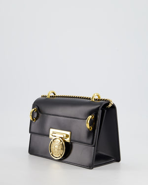 Balmain Black Ring Box 20 Flap Bag in Box Calfskin Leather with Gold Hardware and Medallion Closure Detail