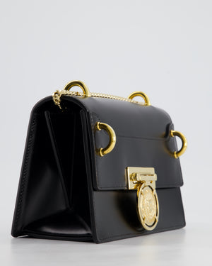 Balmain Black Ring Box 20 Flap Bag in Box Calfskin Leather with Gold Hardware and Medallion Closure Detail