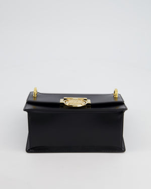 Balmain Black Ring Box 20 Flap Bag in Box Calfskin Leather with Gold Hardware and Medallion Closure Detail