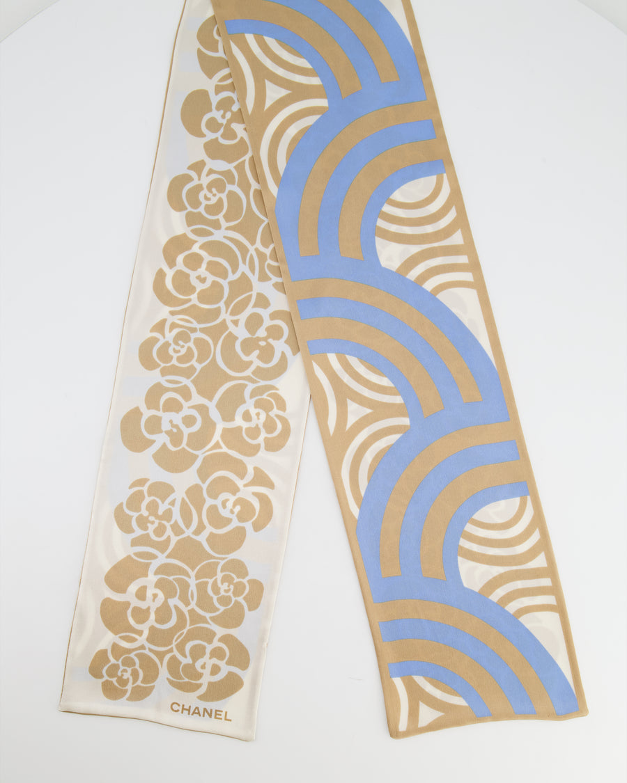 Chanel Gold, Cream and Blue Silk Camelia Printed Scarf