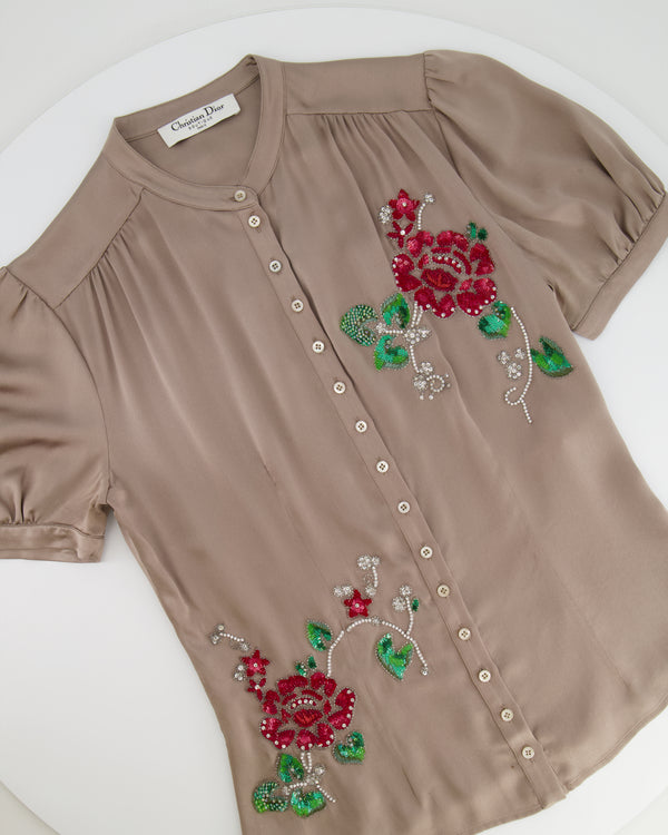 Christian Dior Vintage Beige Silk Short-Sleeve Blouse with Floral Sequin Embellishment Size FR 36 (UK 8)