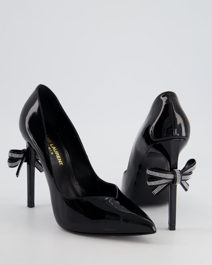 Saint Laurent Black Patent Leather Pointed Heels with Crystal Bow Detail Size EU 38