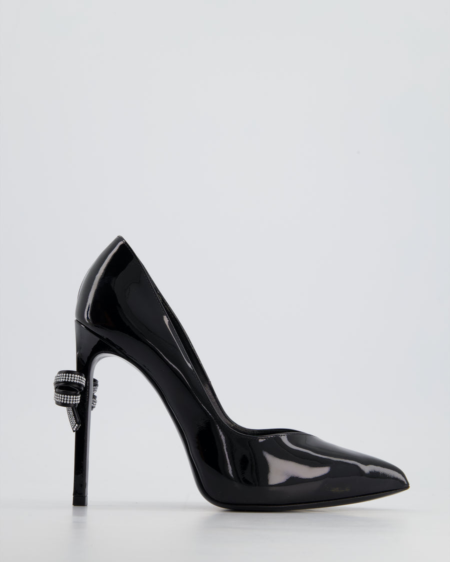 Saint Laurent Black Patent Leather Pointed Heels with Crystal Bow Detail Size EU 38