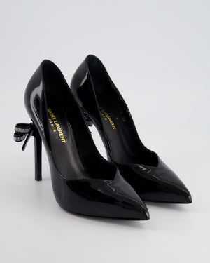 Saint Laurent Black Patent Leather Pointed Heels with Crystal Bow Detail Size EU 38