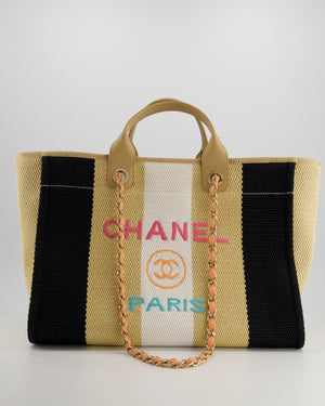 *HOT* Chanel Beige, Black and White Raffia Deauville Tote Bag with Pastel Logo and Champagne Gold Hardware