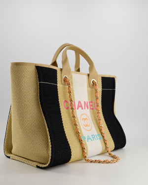 *HOT* Chanel Beige, Black and White Raffia Deauville Tote Bag with Pastel Logo and Champagne Gold Hardware