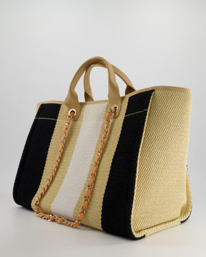 *HOT* Chanel Beige, Black and White Raffia Deauville Tote Bag with Pastel Logo and Champagne Gold Hardware