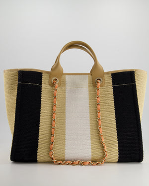 *HOT* Chanel Beige, Black and White Raffia Deauville Tote Bag with Pastel Logo and Champagne Gold Hardware