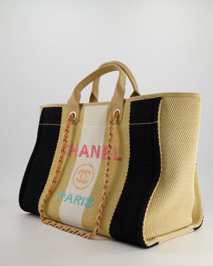 *HOT* Chanel Beige, Black and White Raffia Deauville Tote Bag with Pastel Logo and Champagne Gold Hardware