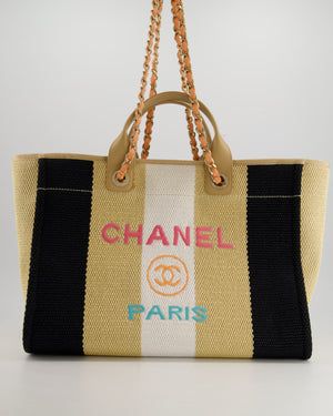 *HOT* Chanel Beige, Black and White Raffia Deauville Tote Bag with Pastel Logo and Champagne Gold Hardware