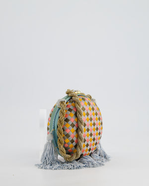 Bottega Veneta Blue and Orange Intrecciato Woven Circular Bag with Gold Strap and Blue Tassels