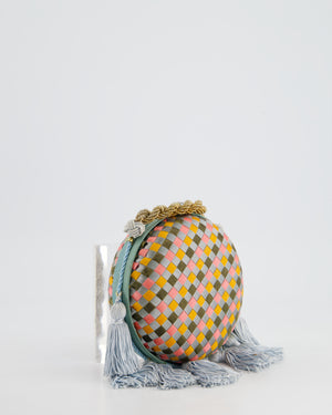 Bottega Veneta Blue and Orange Intrecciato Woven Circular Bag with Gold Strap and Blue Tassels