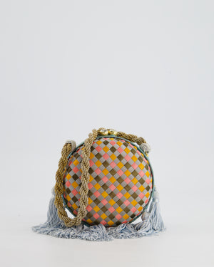 Bottega Veneta Blue and Orange Intrecciato Woven Circular Bag with Gold Strap and Blue Tassels