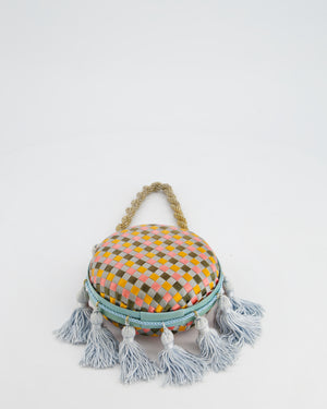 Bottega Veneta Blue and Orange Intrecciato Woven Circular Bag with Gold Strap and Blue Tassels