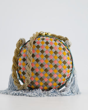 Bottega Veneta Blue and Orange Intrecciato Woven Circular Bag with Gold Strap and Blue Tassels