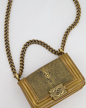 *RARE* Chanel Bronze Micro Boy Bag in Stingray 
Calfskin Leather with Antique Bronze Hardware