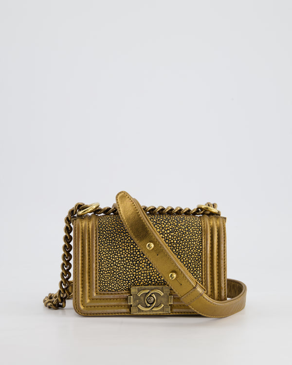 *RARE* Chanel Bronze Micro Boy Bag in Stingray 
Calfskin Leather with Antique Bronze Hardware