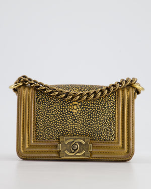 *RARE* Chanel Bronze Micro Boy Bag in Stingray 
Calfskin Leather with Antique Bronze Hardware