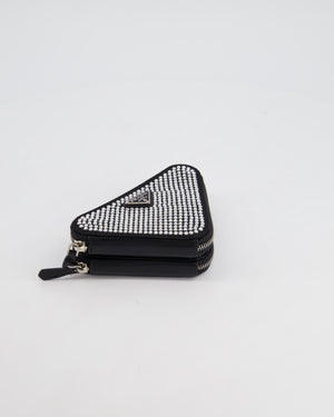 Prada Black Triangular Embellished Satin and Leather Mini-Pouch Bag with Crystals and Removable Straps