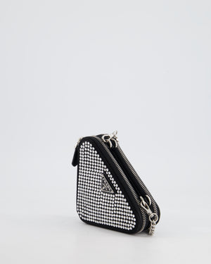 Prada Black Triangular Embellished Satin and Leather Mini-Pouch Bag with Crystals and Removable Straps