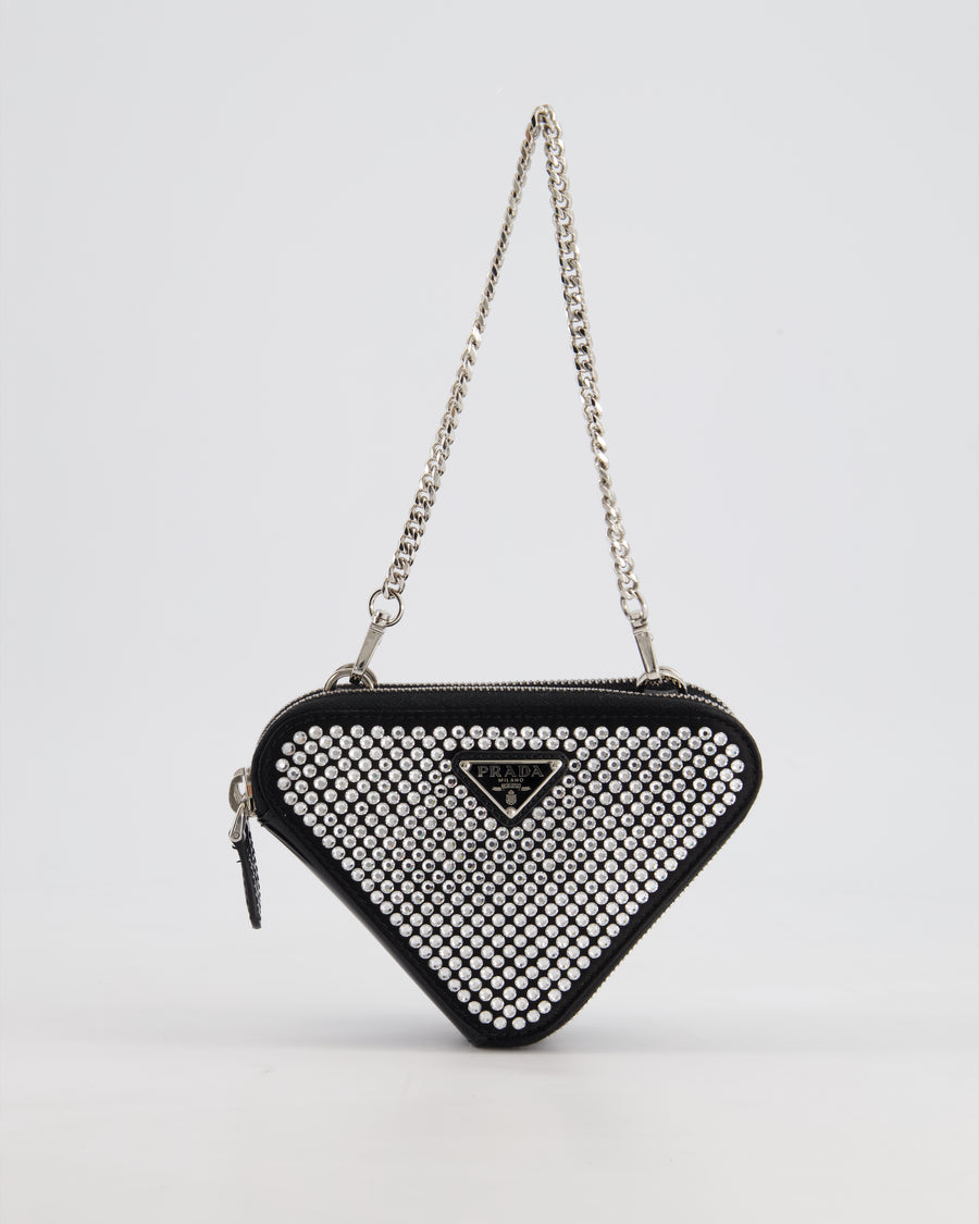 Prada Black Triangular Embellished Satin and Leather Mini-Pouch Bag with Crystals and Removable Straps