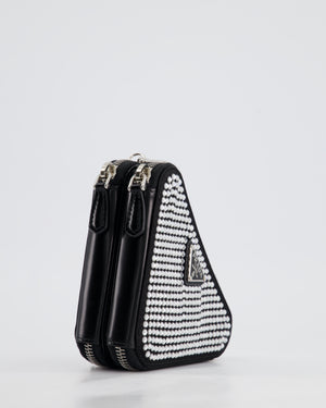 Prada Black Triangular Embellished Satin and Leather Mini-Pouch Bag with Crystals and Removable Straps