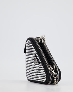 Prada Black Triangular Embellished Satin and Leather Mini-Pouch Bag with Crystals and Removable Straps