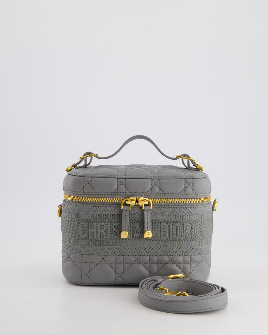 Christian Dior Grey Lambskin Leather Cannage Vanity Case Bag with Top Handle and Cross-Body Strap