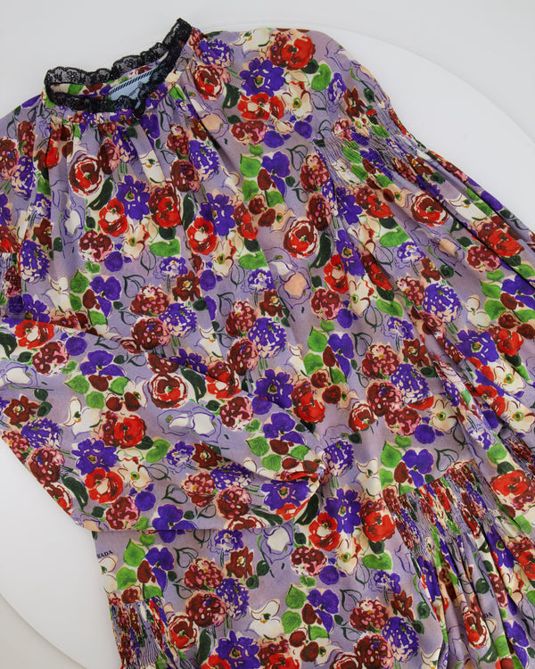 Prada Purple 
Red Floral Long Sleeve Maxi Dress with Belt Detail Size IT 40 (UK 8)