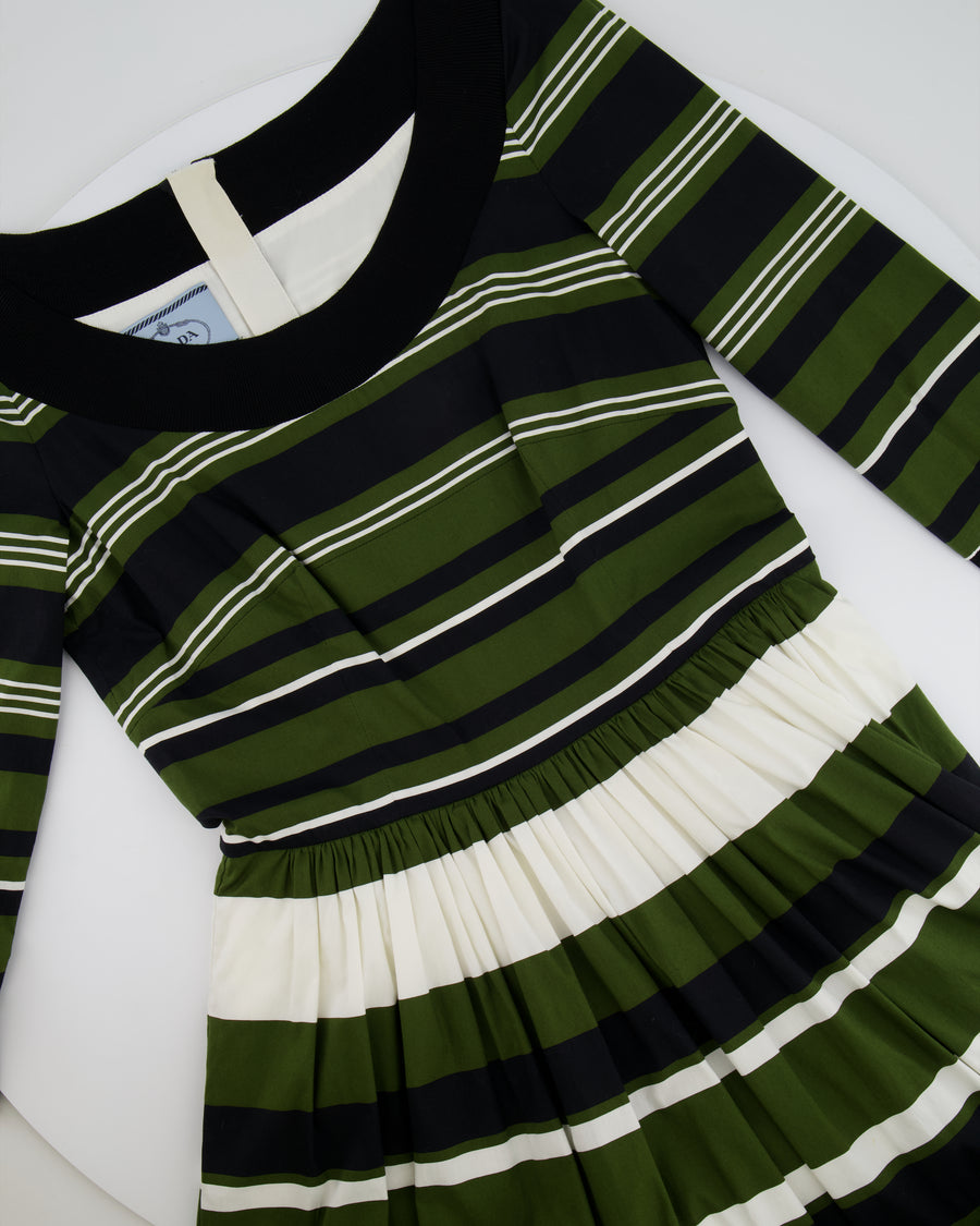 Prada Khaki, Navy 
White Striped Mid-Sleeve Off-Shoulder Dress Size IT 40 (UK 8)